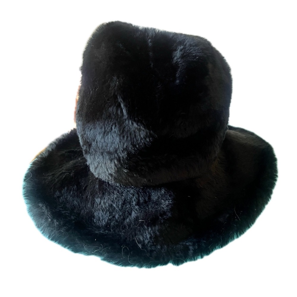 Womens Vintage 70s Black Faux Fur Bucket Hat Plush Winter Cloche Warm Cap Luxury